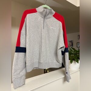 Women’s Champion Gray and Red Zip Up Sweater with Sporty Design